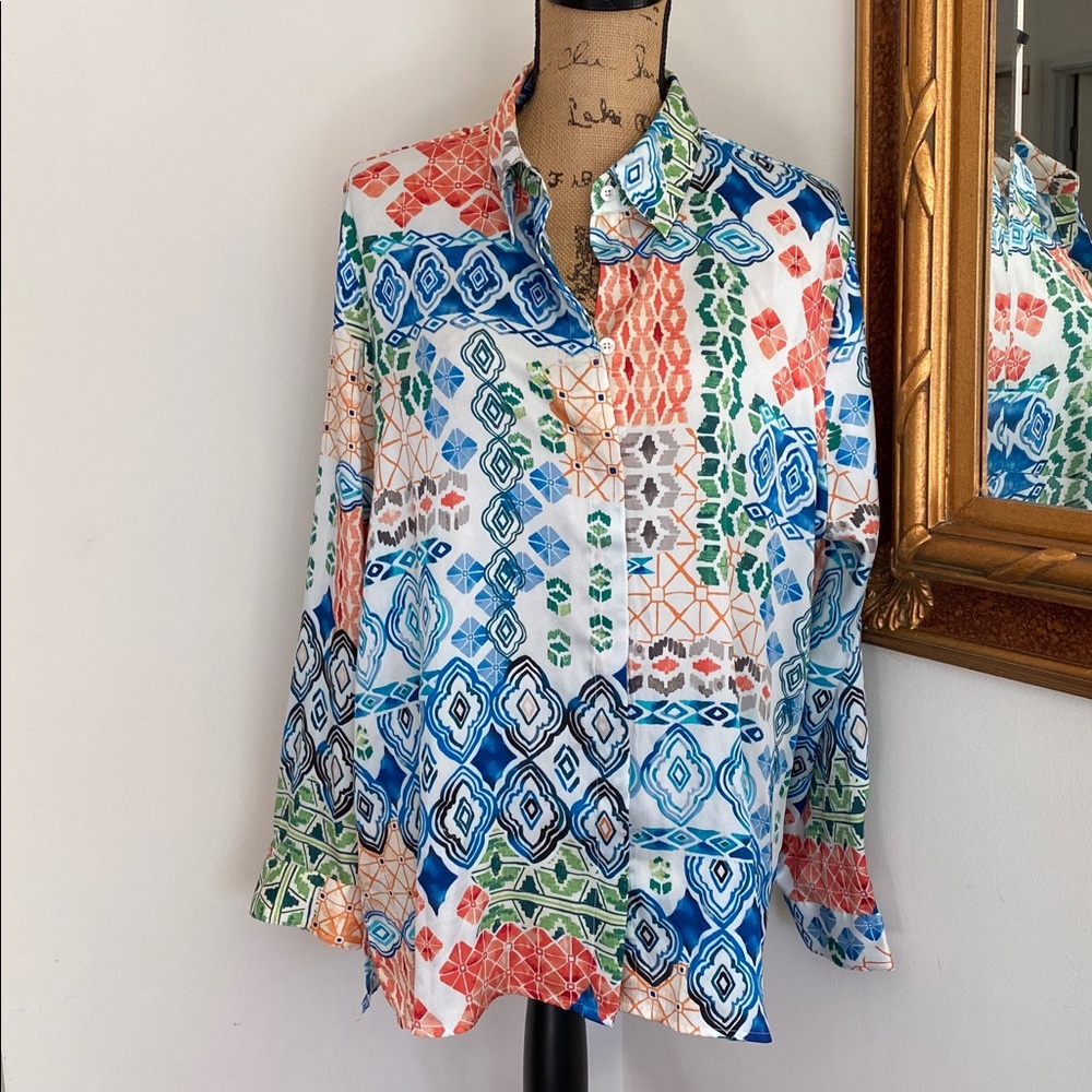 Chico's Blue Orange Geometric Button Down Shirt Blouse Long Sleeve Size 3 - Picture 2 of 7